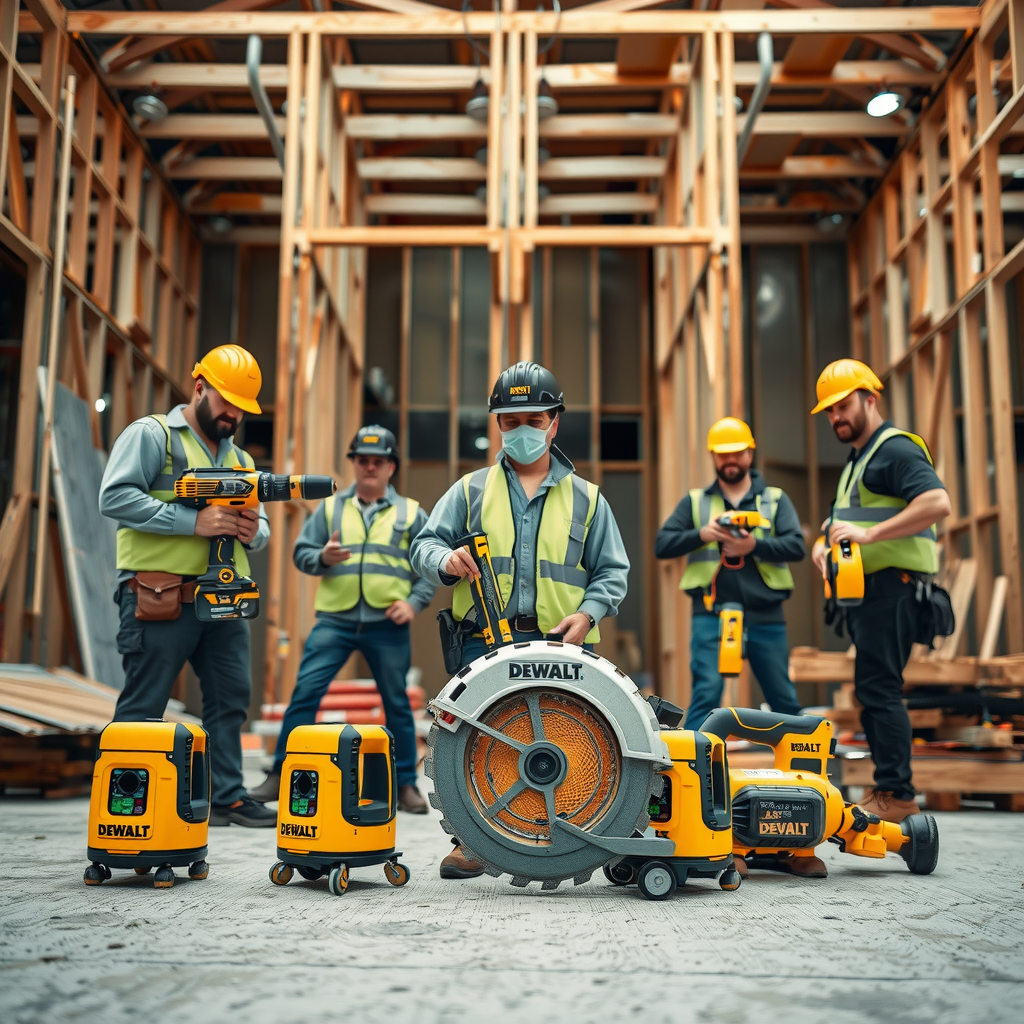 Șantier de construcții profesional cu echipă folosind unelte DeWalt certificate, inclusiv bormasini, ferăstraie circulare și nivele laser, pe fundalul unei structuri în curs de construcție