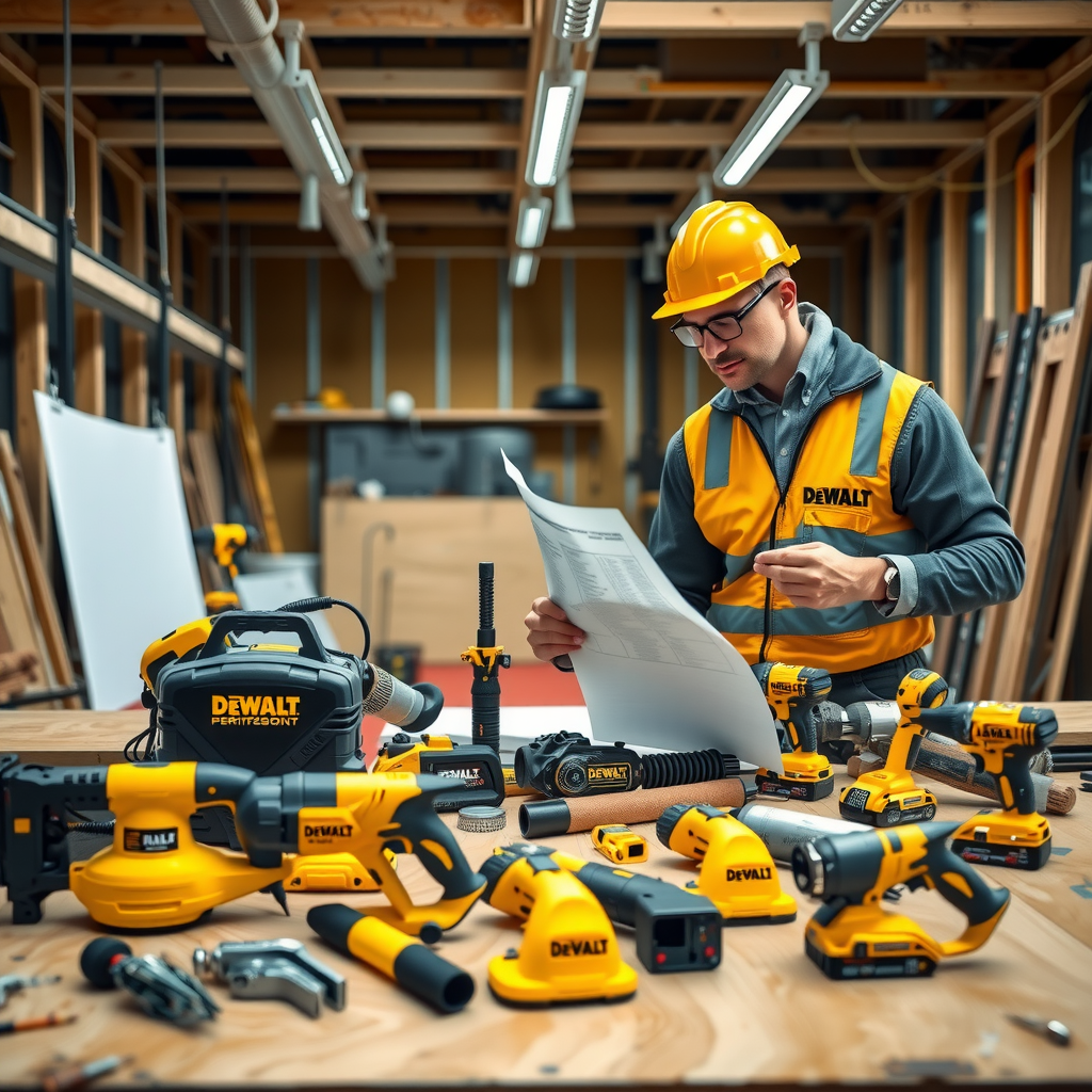 Echipament profesional DeWalt certificat utilizat pe un șantier de construcții, arătând diferite unelte electrice și manuale dispuse pe o masă de lucru, cu un constructor profesionist verificând specificațiile tehnice