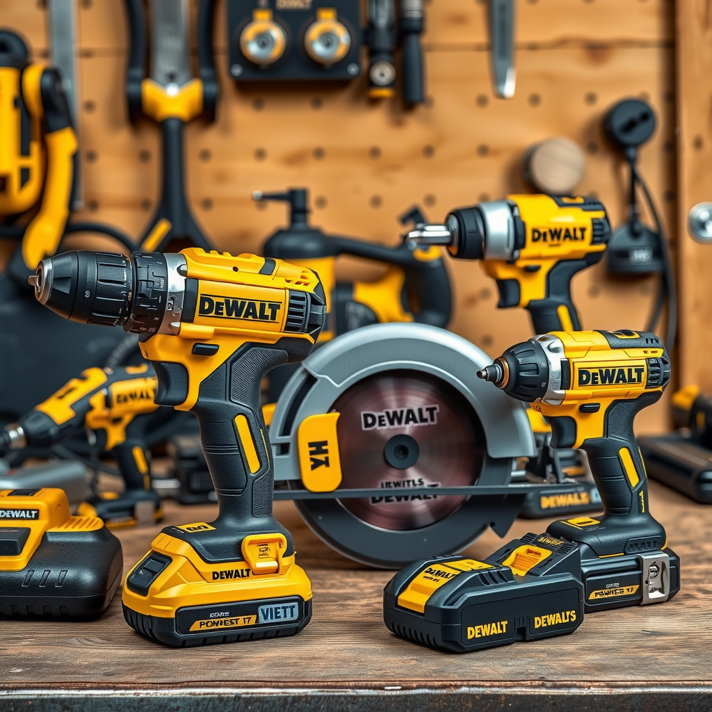 Collection of five essential DeWalt power tools including cordless drill, circular saw, and impact driver arranged on a workbench, showing yellow and black professional construction equipment with batteries and accessories for home improvement projects