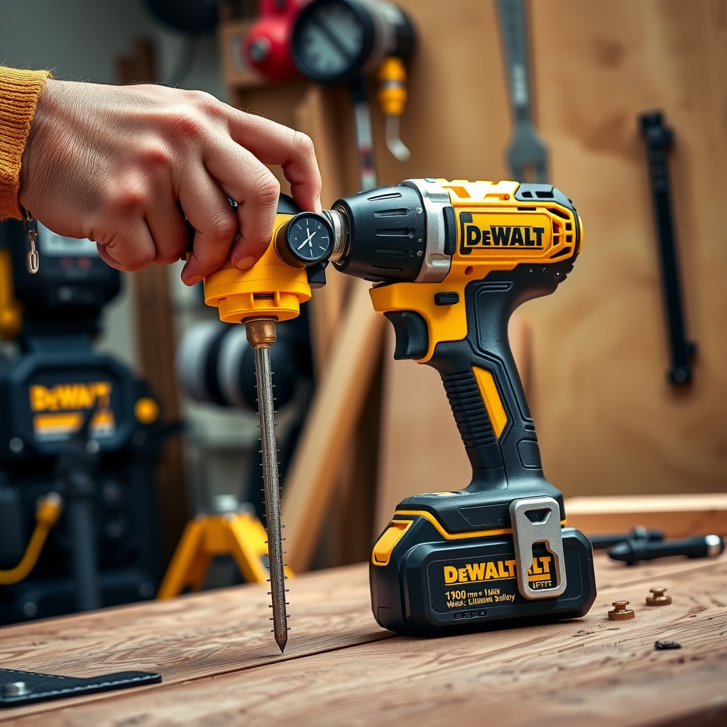 Bormaașină fără fir DeWalt DCD771C2 în acțiune, perforând lemn dur pe o bancă de lucru profesională, cu baterie litiu-ion atașată, mandrina metalică vizibilă, și mâner ergonomic galben și negru, lumină LED activată iluminând zona de lucru