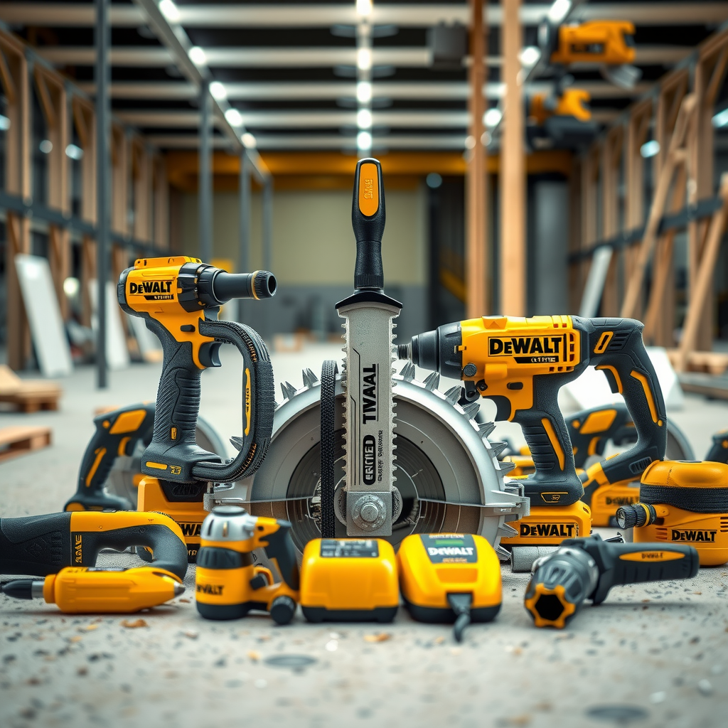 Colecție de unelte profesionale DeWalt certificate folosite de casadurabil, aranjate pe un șantier, demonstrând angajamentul pentru calitate și siguranță în construcții