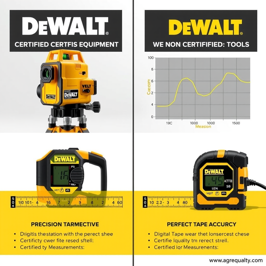 Comparație vizuală între măsurători efectuate cu echipament DeWalt certificat și unelte necertificate, arătând diferențele de precizie pe un nivel laser și ruletă digitală, cu grafice și indicatori de acuratețe