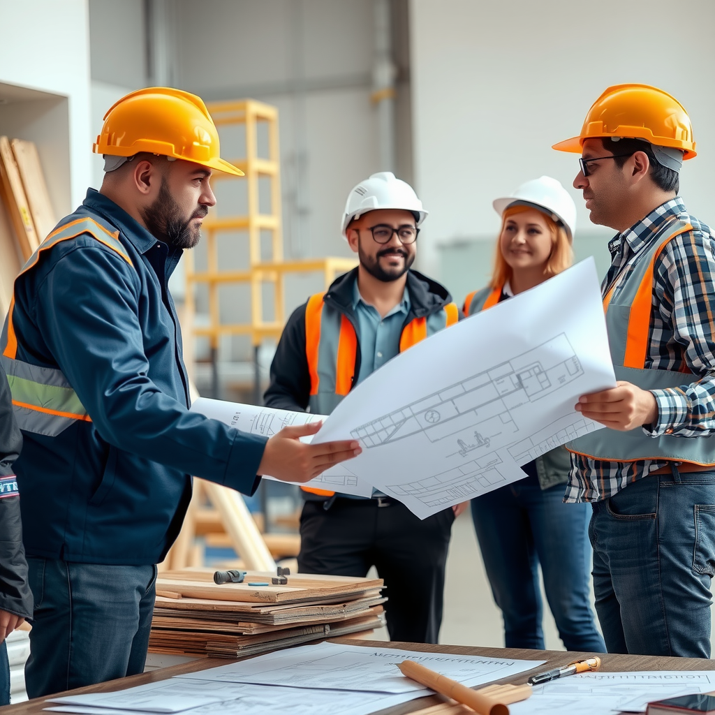 Professional construction crew meeting with client, showing transparent communication and project planning with blueprints and construction materials, demonstrating trust and reliability in building services