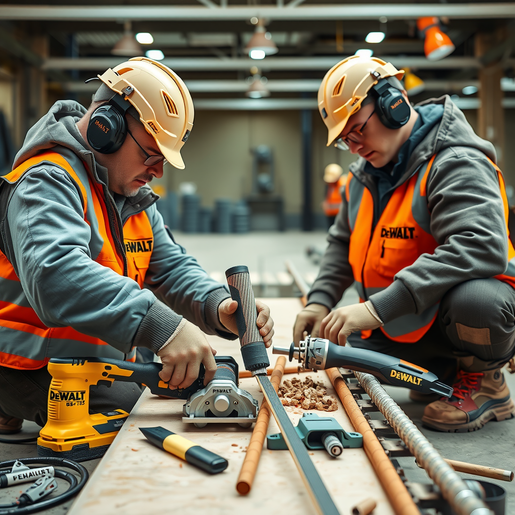 Echipă profesionistă de construcții casadurabil la lucru pe șantier, folosind diverse unelte DeWalt pentru lucrări de precizie, cu accent pe siguranța și profesionalismul în execuție
