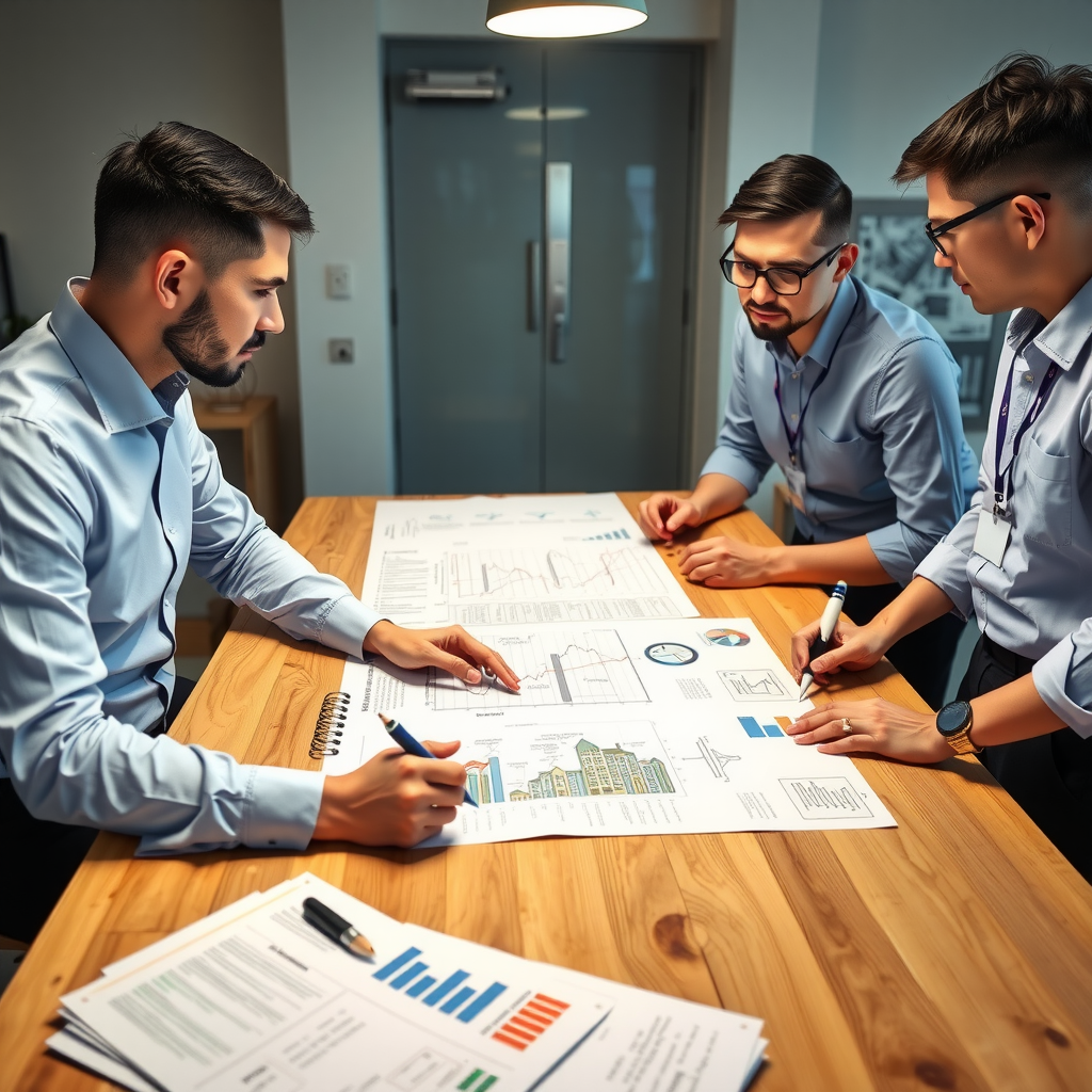 Echipa casadurabil prezentând un plan detaliat de proiect unui client, cu documente, timeline și specificații tehnice pe masă, demonstrând transparență și profesionalism