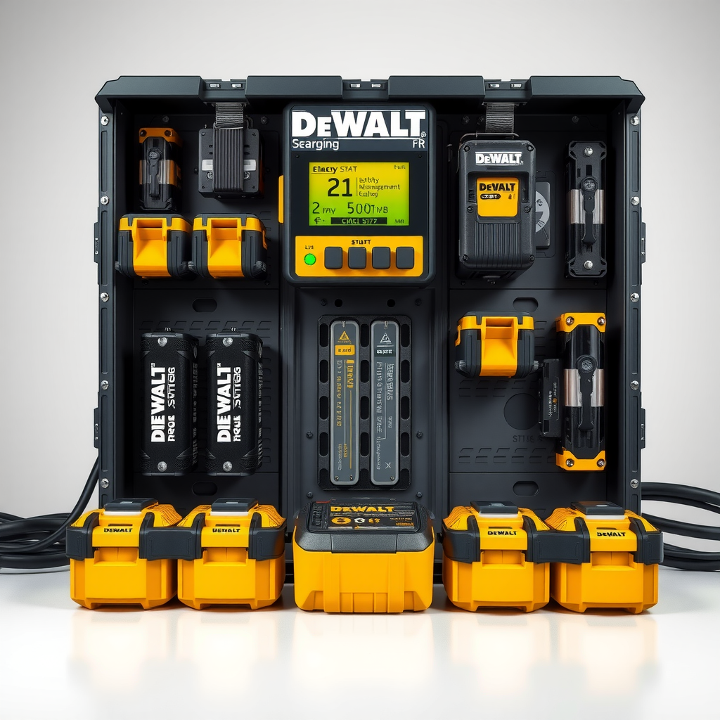 Stație profesională de încărcare și întreținere baterii DeWalt cu multiple baterii organizate, indicator de stare și sistem de management termic