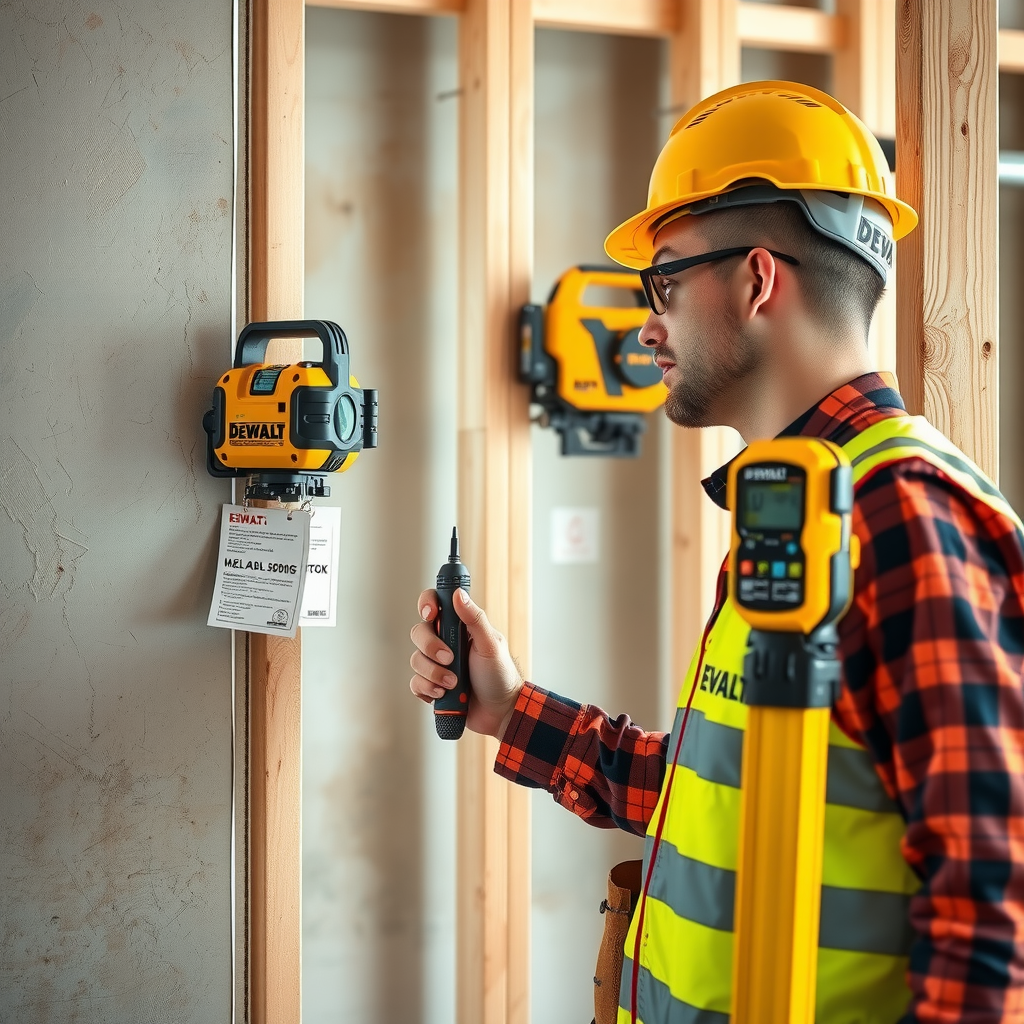 Constructor profesionist verificând integritatea structurală a unui perete folosind echipament de măsurare DeWalt, inclusiv detector de metale și lemn, nivel digital și aparat de măsurat umiditate, pe un șantier organizat