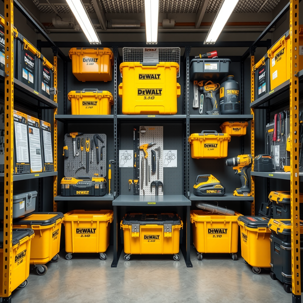 Sistem profesional de depozitare unelte DeWalt cu rafturi organizate, cutii de transport, etichete clare și control al umidității