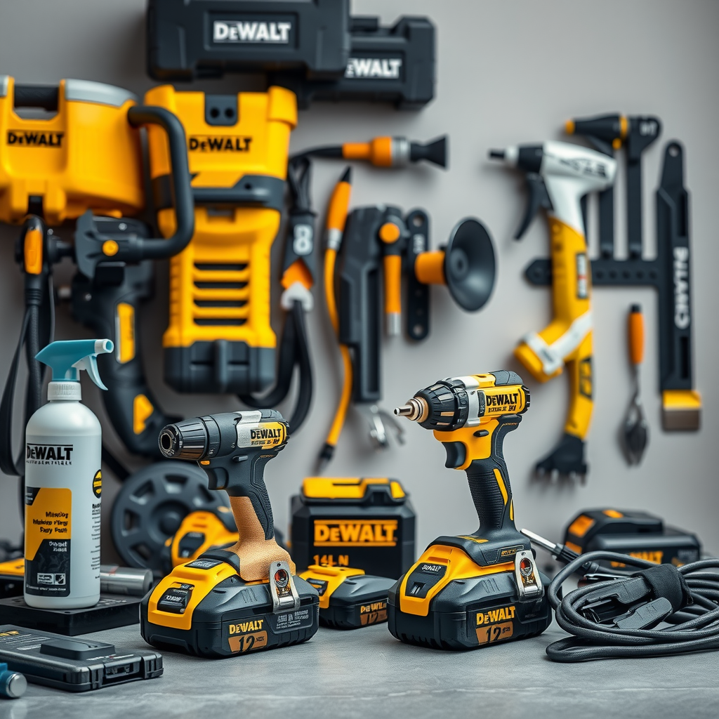 DeWalt power tools maintenance setup showing cleaning supplies, battery chargers, and organized tool storage system with professional equipment care demonstration for longevity and performance