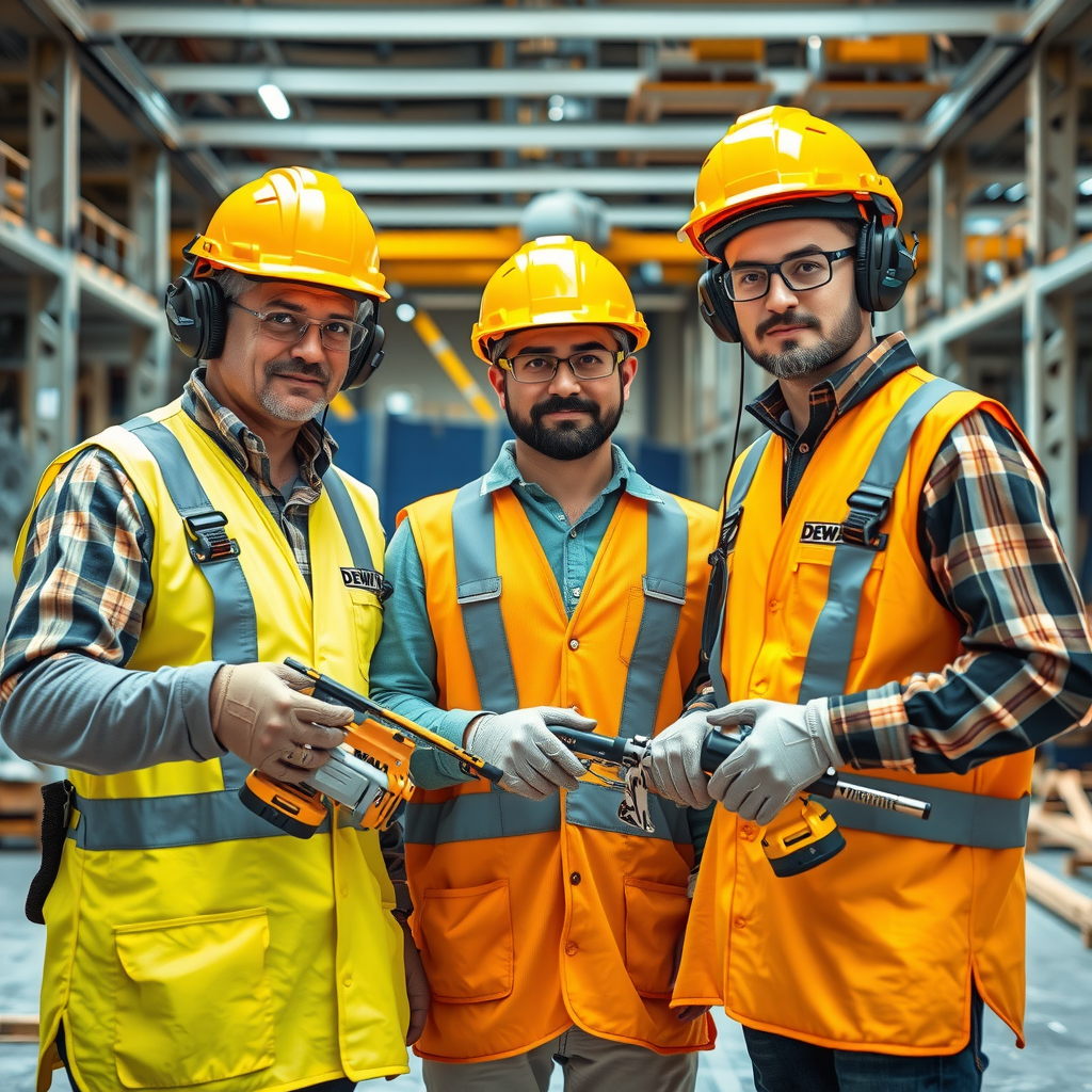 Echipă de construcții demonstrând protocoale de siguranță pe șantier, folosind echipament de protecție complet și unelte DeWalt cu sisteme avansate de siguranță, pe fundalul unui șantier organizat și sigur