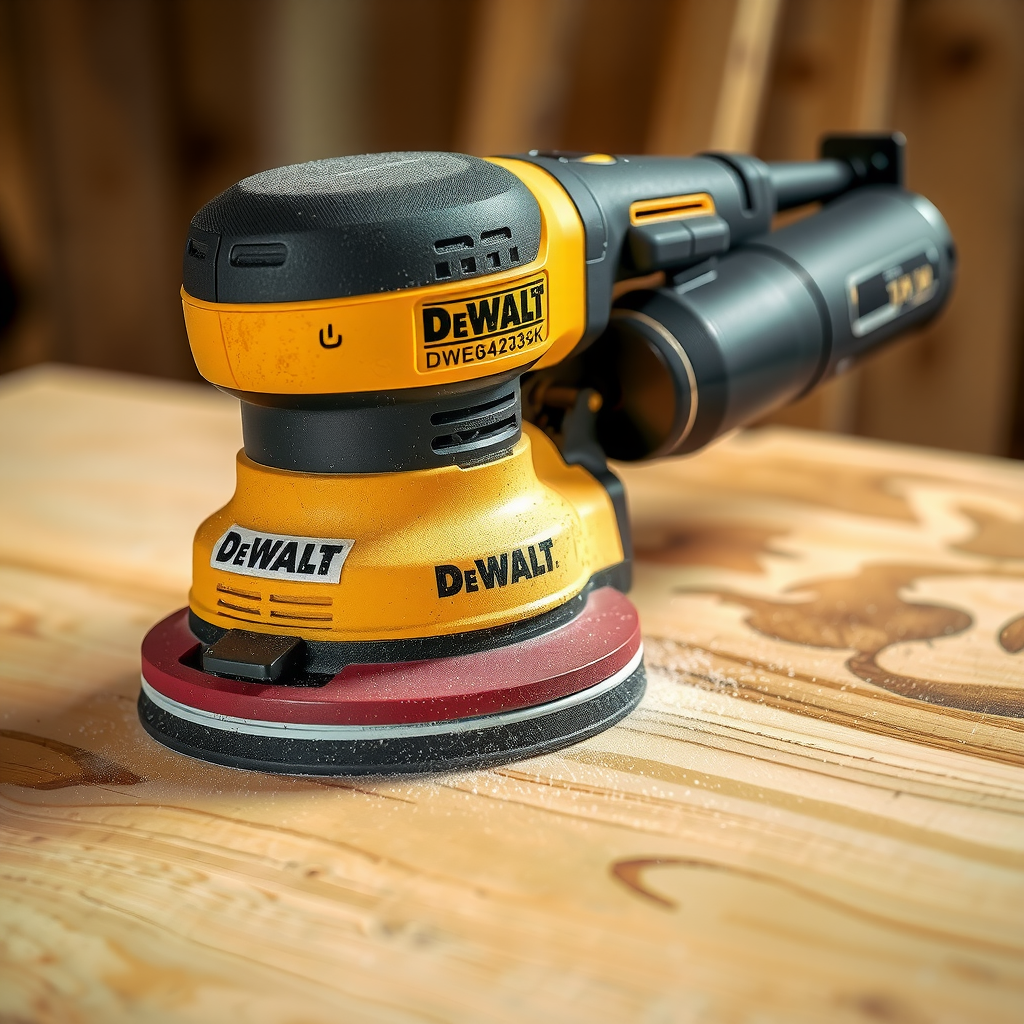 Șlefuitor orbital DeWalt DWE6423K șlefuind suprafața unei mese de lemn, hârtie abrazivă atașată pe placa de șlefuire, praf de lemn fin colectat în sacul de praf, mâner ergonomic și sistem de prindere rapidă a hârtiei vizibile, finisaj neted în curs de realizare