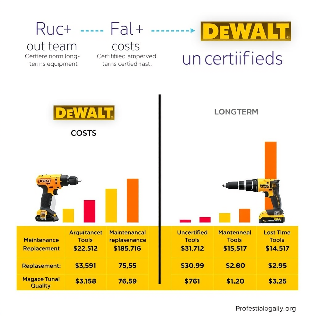 Grafic comparativ arătând costurile pe termen lung între echipament certificat DeWalt și unelte necertificate, incluzând costuri de achiziție, întreținere, înlocuiri și timp pierdut, cu bare colorate și statistici clare
