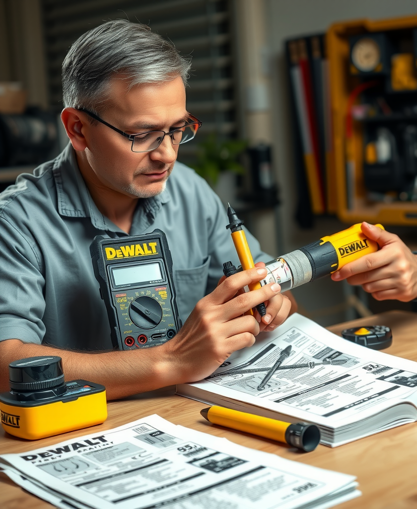 Tehnician profesionist diagnosticând o unealtă DeWalt folosind multimetru și instrumente de testare, cu manual tehnic deschis pe masă