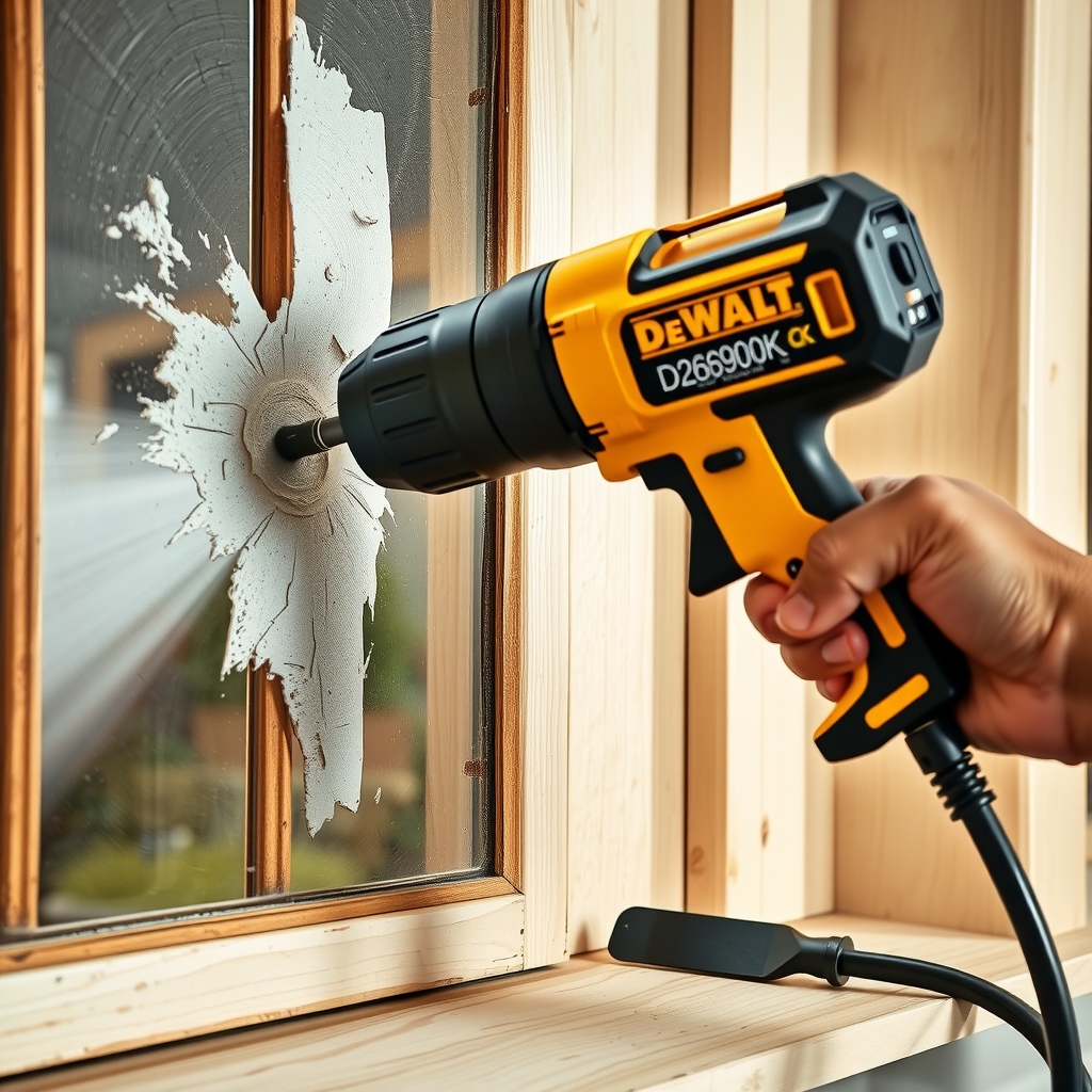 Pistol de lipit DeWalt D26960K în utilizare, îndepărtând vopsea veche de pe o fereastră de lemn, aer cald vizibil distorsionând aerul, vopsea ridicându-se de pe suprafață, mâner ergonomic și controale de temperatură vizibile, spatulă pentru răzuit în apropiere