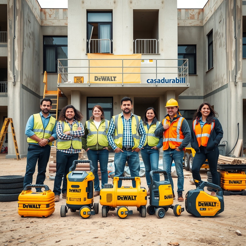 Echipa casadurabil pe un șantier finalizat cu succes, înconjurați de echipamentul DeWalt certificat folosit în proiect, cu clădirea renovată în fundal și expresii de satisfacție profesională