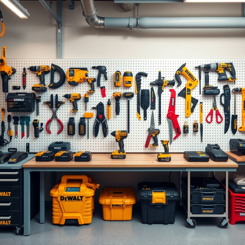 Atelier organizat cu scule DeWalt aranjate pe un panou perforat, cutii de depozitare etichetate, baterii încărcându-se pe stație, bancă de lucru curată, iluminare bună, toate sculele curate și în stare perfectă, sistem de organizare profesional
