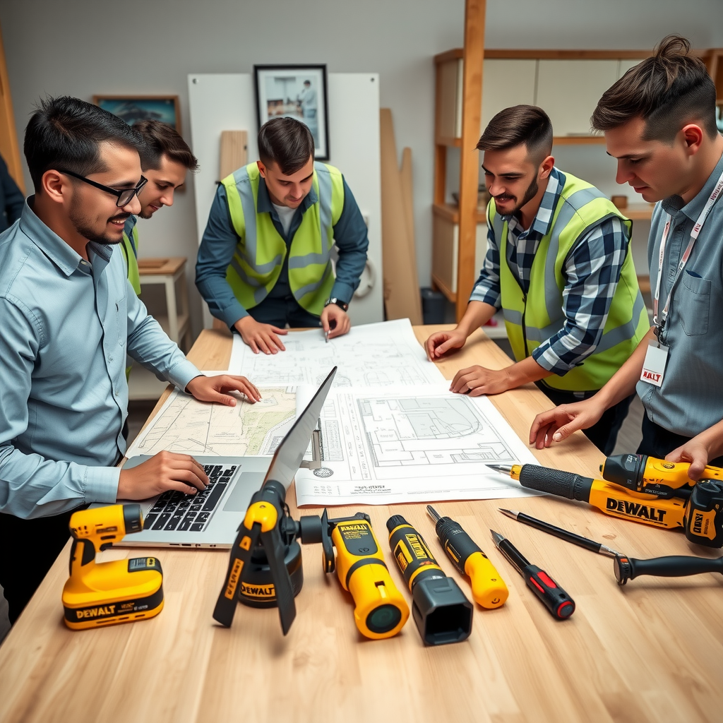 Echipa casadurabil în timpul unei întâlniri de planificare a proiectului, cu planuri tehnice, laptop și unelte DeWalt pe masă, demonstrând profesionalism și organizare